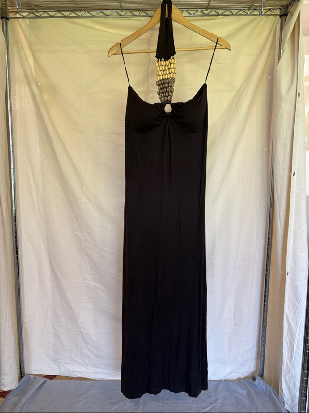 Brown Halter Maxi Dress with Beaded Neck Detail